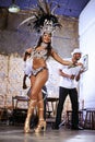 Women, happy and samba dancer for performance with smile or talent, fashion and drums for music in Brazil. Female person Royalty Free Stock Photo