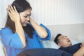 A woman has a nuisance to the man he loves sleeping loud snoring