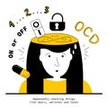 Women has syndrome OCD and intrusive thoughts and doing illogical checking things. Vector illustration obsessive