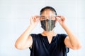 Asian women have to use masks and face shields to protect against pollution from dust and to prevent infections from secretions Royalty Free Stock Photo