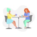 Women having coffee break, sitting at the table, drinking coffee, vector flat illustration