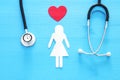 women healf Insurance . concept image of Stethoscope and female figure on wooden table. top view.