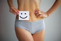 Women Health. Closeup Of Healthy Female With Beautiful Fit Slim Body In White Panties Holding White Card With Happy Royalty Free Stock Photo