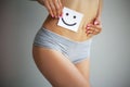 Women Health. Closeup Of Healthy Female With Beautiful Fit Slim Body In White Panties Holding White Card With Happy Royalty Free Stock Photo