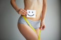 Women Health. Closeup Of Healthy Female With Beautiful Fit Slim Body In White Panties Holding White Card With Happy Royalty Free Stock Photo