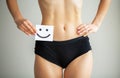 Women Health. Closeup Of Healthy Female With Beautiful Fit Slim Body In White Panties Holding White Card With Happy Royalty Free Stock Photo