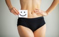 Women Health. Closeup Of Healthy Female With Beautiful Fit Slim Body In White Panties Holding White Card With Happy Royalty Free Stock Photo