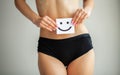 Women Health. Closeup Of Healthy Female With Beautiful Fit Slim Body In White Panties Holding White Card With Happy Royalty Free Stock Photo