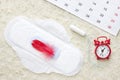 Women health concept photo, some aspects of women wellness in monthlies period. Menstrual pad and tampon. Woman critical days, gyn