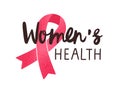 Women health handwritten vector lettering. Breast cancer awareness pink ribbon with calligraphic black inscription Royalty Free Stock Photo