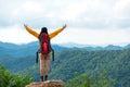 Women hiker or traveler with backpack adventure feeling victorious facing on the mountain, outdoor for education nature on vacatio Royalty Free Stock Photo