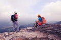 Women hikers enjoy the view on the top of great wall