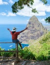 Women hiking in Saint Lucia Caribbean, nature trail in the jungle of Saint Lucia huge Pitons Royalty Free Stock Photo