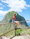 Women hiking in Saint Lucia Caribbean, nature trail in the jungle of Saint Lucia huge Pitons Royalty Free Stock Photo