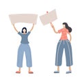 Women hold a blank poster. Female protesters or activists. Flat cartoon colorful vector illustration