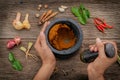 The Women hold pestle with mortar and spice red curry paste ingredient of thai popular food on rustic wooden background. Spices i Royalty Free Stock Photo