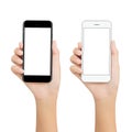 women hold phone showing blank screen display on white background, mockup new phone technology black and white color