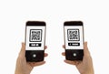 Women hold smartphones in hand,scan store QR code check prices,receive promotion and discount,isolated background,concept