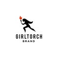 Women holding fire torch vector logo icon design, athletic style running girl bring a fire stick