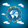 Women Holding Hands Around Globe on Blue Sky Background Royalty Free Stock Photo