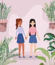 Women holding hands leaves and plants vector design