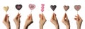 Women holding heart shaped lollipops made of chocolate on white background, closeup. Collage Royalty Free Stock Photo