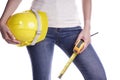 Women holding helmet and Measuring Tape in hand. Craftsman tool Royalty Free Stock Photo