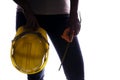 Women holding helmet and Measuring Tape in hand. Craftsman tool Royalty Free Stock Photo