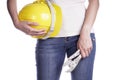 Women holding helmet and wrench in hand. Craftsman tool Royalty Free Stock Photo