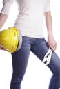 Women holding helmet and wrench in hand. Craftsman tool Royalty Free Stock Photo