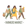 Women holding reusable cotton and string bags with farmers vegetables. Vector banner template for eco friendly, green