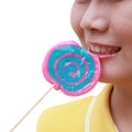 Women holding round swirl lollipop colorful Royalty Free Stock Photo