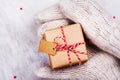 Women is holding a small gift box in hands worn in white knitted mittens Royalty Free Stock Photo