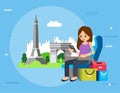 Women holding smartphone and sit on airplane seat with shopping bag beside her and world famous landmark as background, vector