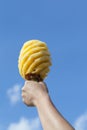 Women holds up Pineapple