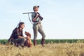 Women hunters with hunting dog Royalty Free Stock Photo