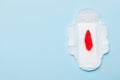 Women hygiene products or Sanitary pad with red feather on colored background. Pastel color. Closeup. Empty place for