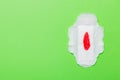 Women hygiene products or Sanitary pad with red feather on colored background. Pastel color. Closeup. Empty place for