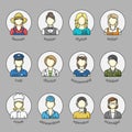 Women icons and avatars in a circle with name. Set of different female professions. Color outlined icon collection.