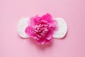 Women intimate hygiene product, sanitary pad and beautiful fresh peony flower on pink background Royalty Free Stock Photo