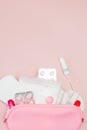 Women intimate hygiene products - sanitary pads and tampons on pink background, copy space. Menstrual period concept. Top view, Royalty Free Stock Photo