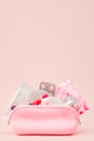 Women intimate hygiene products - sanitary pads and tampons on pink background, copy space. Menstrual period concept. Top view, Royalty Free Stock Photo