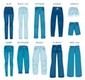 Women jeans fits. Denim female pants models skinny, straight, slim, boyfriend and boot cut. Silhouette styles of jean trousers