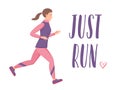 Women jogging and training, just run lettering sign, flat vector illustration