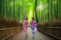 Women in kimono at bamboo forest of Arashiyama Royalty Free Stock Photo