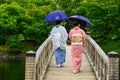 Women in kimono walking on wooden bridge