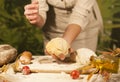 Women baker hands recipe pasta butter cook tomato preparation dough and making bread Royalty Free Stock Photo