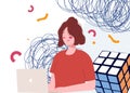 Women on laptop look unhappy background of rubik`s doodle confused economic crisis concept with flat cartoon style v