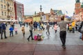 Women launch soap bubbles on Castle Square in old town of Warsaw. Poland