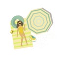 Women laying on blanket at summer resort. Inflatable ring, umbrella, bag. Vector flat illustration.